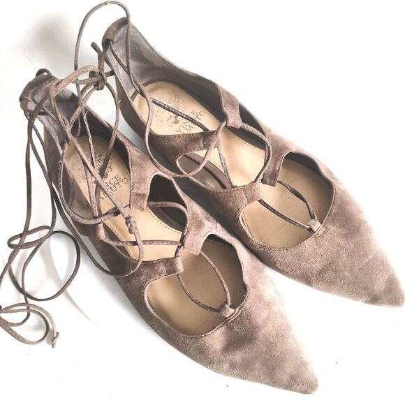 Vince Camuto Pointy Toe Tie Up Ankle Wrap Flats 7.5 Nuetral Suede Ballet Flats - Picture 10 of 10